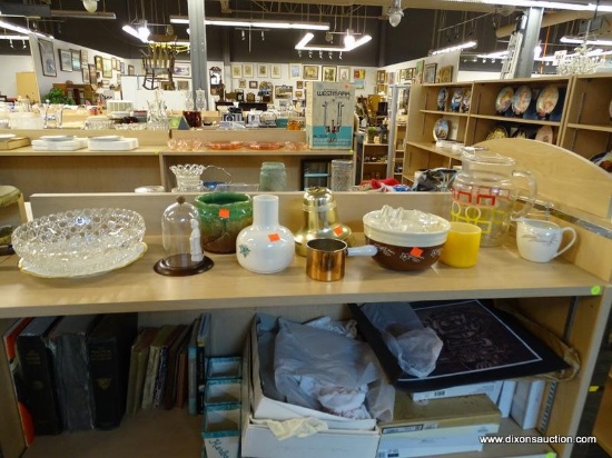 (R1A) SHELF LOT OF ASSORTED ITEMS; THIS LOT INCLUDES A HOBNAIL GLASS SERVING BOWL, A WHITE LIMOGES