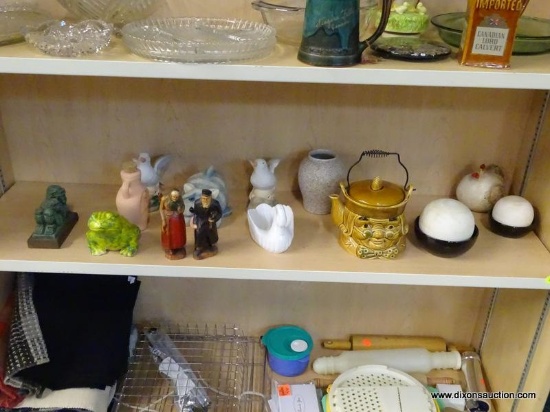 (R1A) SHELF LOT OF ASSORTED ITEMS; THIS LOT CONTAINS 10 ASSORTED FIGURINES, A VASE, A JAPANESE