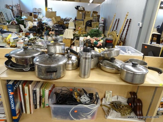(R1B) SHELF LOT OF ASSORTED POTS AND PANS; THIS LOT CONTAINS 9 STAINLESS STEEL REVERE WARE POTS AND