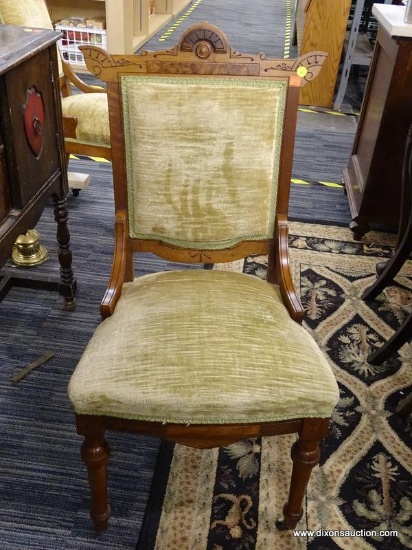 VICTORIAN SIDE CHAIR; 1 OF A PAIR OF VICTORIAN EASTLAKE SIDE CHAIRS. EACH HAVE GREEN UPHOLSTERED