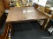 CONTEMPORARY DINING TABLE; LARGE SQUARE DINING TABLE WITH BANDED WOOD GRAIN PATTERNED TOP AND SQUARE