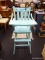 MINT GREEN PAINTED WOODEN HIGH CHAIR; SLAT BACK SEAT WITH LIFT FRONT TRAY, MOLDED SEAT, AND FLAT