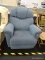 BLUE UPHOLSTERED LAY-Z-BOY RECLINER; THIS BLUE FAN DETAILED RECLINER IS MADE BY LAY-Z-BOY. IT HAS