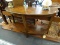 CONTEMPORARY DEMILUNE CONSOLE TABLE; BANDED INLAY PATTERNED TOP, 3 SQUARE TAPER LEGS, AND