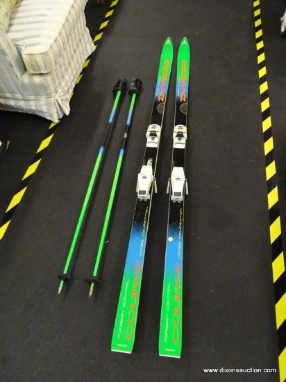 DYNASTAR SKIS; SET OF DYNASTAR "OMEGA" SKIS WITH MATCHING SKI POLES. HAVE TWINCAM M48 HEEL HOUSINGS