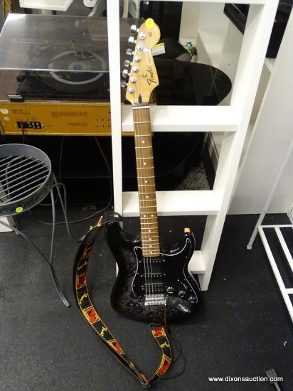 FENDER SPECIAL-EDITION STRATOCASTER GUITAR; BLACK IN COLOR, INCLUDES PATTERNED FENDER STRAP. FENDER