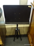 BLACK ADJUSTABLE SHEET MUSIC STAND; MADE BY ON STAGE STANDS (MODEL SM7211B). HAS FOLDING TRIPOD BASE