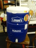 IGLOO COOLER; IGLOO & LOWES 5-GALLON DRINKING WATER COOLER. IS LOWES BLUE AND WHITE IN COLOR WITH 2