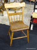 MAPLE SPINDLE SIDE CHAIR; PEGGED CONSTRUCTION, WITH A FLAT CREST RAIL AND ROUNDED CORNERS OVER A