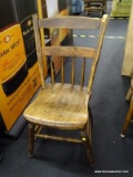 ANTIQUE WOODEN SIDE CHAIR; FLARED BACK WITH 2 FLAT RAILS ACROSS AND SPINDLE DETAIL CONNECTING BOTTOM