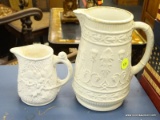 CERAMIC PITCHERS LOT; TOTAL OF 2 PIECES. 1 IS AN ENGLISH MADE SALT-GLAZED CREAM PITCHER (4 IN TALL)