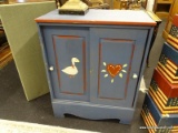 BLUE AND RED PAINTED SMALL WOODEN STORAGE CABINET; PAINTED WILLIAMSBURG BLUE WITH RED TRIM AND WITH