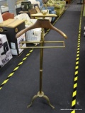 BRASS VALET STAND; FREE STANDING BRASS AND WOODEN VALET STAND WITH UPPER JEWELRY TRAY, COAT RACK,
