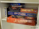 BOARD GAMES LOT; INCLUDES 8 TOTAL GAMES SUCH AS SUPER SCRABBLE DELUXE EDITION, SPEAK OUT, YAHTZEE