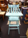 MINT GREEN PAINTED WOODEN HIGH CHAIR; SLAT BACK SEAT WITH LIFT FRONT TRAY, MOLDED SEAT, AND FLAT