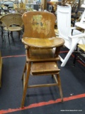 VINTAGE WOODEN HIGH CHAIR; ROUNDED FLAT BACK WITH APPLIQUE DECAL, SLIDING ADJUSTABLE SOLID WOOD