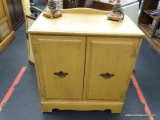 ROYAL BRAND WOODEN STORAGE CABINET; SMALL CABINET WITH SCALLOPED BACKSPLASH, DOUBLE DOORS ON FRONT