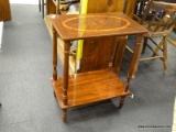 WOOD FINISH RECTANGULAR SIDE TABLE; WITH OVAL INLAY PATTERNED TOP AND CORRESPONDING LOWER STORAGE