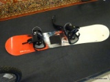 SNOWBOARD; MORROW RADIUM 149 SNOWBOARD WITH MORROW INVASION BINDINGS. IN A RED, WHITE, AND BLUE