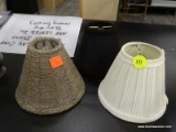 (DIS) MINI LAMP SHADES TRIO; TOTAL OF 3 PIECES. 1 IS AN OFF WHITE SHIRRED BELL SHAPED SHADE, ONE IS
