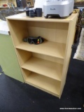 BLONDE WOOD GRAIN SHELF; THIS IS A BLONDE COLORED WOOD GRAIN SHELVING UNIT WITH 3 ADJUSTABLE
