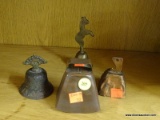 LOT OF METAL BELLS; THIS LOT CONTAINS 4 METAL BELLS. ONE IS COPPER AND HAS A HOOK ON THE TOP, ONE IS