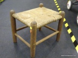 FOOT STOOL; VINTAGE RUSH BOTTOM FOOT STOOL IN GOOD VINTAGE CONDITION. MEASURES 15 IN X 12 IN X 13 IN