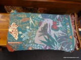 JUNGLE SAFARI WOVEN AFGHAN; HAS IMAGES OF FLOWERS, A MONKEY, A PARROT, A GIRAFFE, AND MORE WOVEN