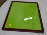 CHERRY COLORED SHADOWBOX; THIS IS A CHERRY COLORED WOOD FRAMED SHADOW BOX THAT OPENS UP TO REVEAL A
