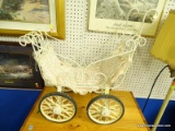 VINTAGE METAL DOLL CARRIAGE; WHITE VINTAGE METAL DOLL CARRIAGE WITH FRONT HANDLE, THREE SCROLLING