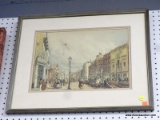 FRAMED ENGLISH STREET SCENE PRINT; THIS PRINT SHOWS COLONIAL PEOPLE IN DAILY LIFE ON THE CITY