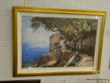 LARGE FRAMED MEDITERRANEAN PRINT; IMAGE OF A COLUMNED WALKWAY, ROCKY HILLSIDE DOTTED WITH WHITE