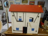 VINTAGE WOODEN DOLL HOUSE; WHITE VINTAGE WOODEN DOLL HOUSE WITH RED ROOF, BLUE WINDOWS AND BLACK