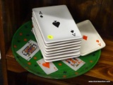 PLAYING CARD THEMED LOT; INCLUDES ONE SMALL ACE OF DIAMONDS CARD DISH, 8 LARGER CERAMIC RECTANGULAR