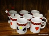 PLAYING CARD THEMED MUGS LOT; INCLUDES 8 SINGLE HANDLE PATTERNED COFFEE MUGS WITH ASSORTED PLAYING
