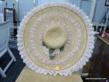STRAW GARDEN PARTY HAT; LADIES STRAW GARDEN PARTY HAT WITH PINK LACE DETAILING AND FLOWERS. DIAMETER
