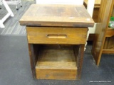 VINTAGE WOODEN SIDE TABLE; SQUARE WOODEN SIDE TABLE WITH PULL OUT DRAWER AND LOWER STORAGE AREA.