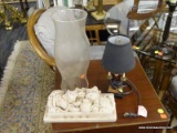 LOT OF ASSORTED DECOR; THIS IS A 3 PIECE LOT CONSISTING OF A GLASS HURRICANE CHIMNEY, A HEAVY STONE