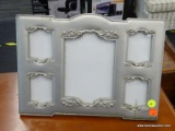 SILVER COLORED PHOTO COLLAGE FRAME; HOLDS UP TO 5 PICTURES AND IS BRUSHED SILVER IN COLOR. MEASURES