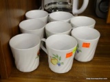 CORELLE COORDINATES STONEWARE COFFEE MUGS; SET OF 8. WHITE WITH FRUIT PATTERNS ON SIDE, SINGLE