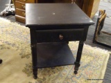 THOMASVILLE END TABLE; BLACK END TABLE MADE BY RENOVATIONS BY THOMASVILLE. THIS TABLE HAS A PULL OUT