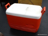 IGLOO COOLER; IGLOO RED AND WHITE 2 HANDLED COOLER WITH INCHES/CENTIMETERS MEASURING CHART ON TOP.