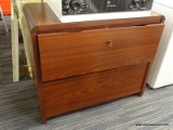LATERAL FILING CABINET; 2 DRAWER CHERRY FINISH LATERAL FILING CABINET WITH KEYS. MEASURES 36 IN X 20