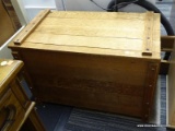 VINTAGE WOODEN CHEST; PLANK TOP WOODEN TOY CHEST WITH REINFORCED TOP AND FRONT. MEASURES 30 IN X 16
