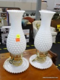 VINTAGE MILK GLASS LAMPS; MATCHING PAIR, HURRICANE GLOBES ON TOP WITH ROUND UNDER PLATES AT BASE