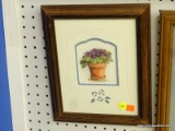 FLORAL PRINT; DEPICTS A FLOWER POT WITH PURPLE FLOWERS AND LARGE GREEN LEAVES. IS DOUBLE MATTED IN