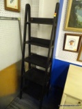 BLACK LADDER STYLE BOOKSHELF; FACTORY PAINTED UNIT WITH 5 SHELVES IN A LADDER DESIGN, HAS ROUND