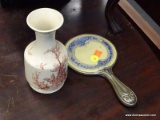VASE AND HAND MIRROR VANITY LOT; 2 TOTAL PIECES, INCLUDES A 7 IN TALL VASE FROM K'S COLLECTION IN