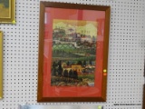 FRAMED COUNTRY TOWN PUZZLE; THIS IS PUZZLE BY HERONIM. IT DEPICTS AN OLD TOWN IN THE ROLLING HILLS.