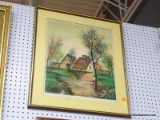 FRAMED ENGLISH COTTAGE PRINT; THIS PRINT SHOWS AN ENGLISH COTTAGE WITH TREES SURROUNDING IT. IT IS
